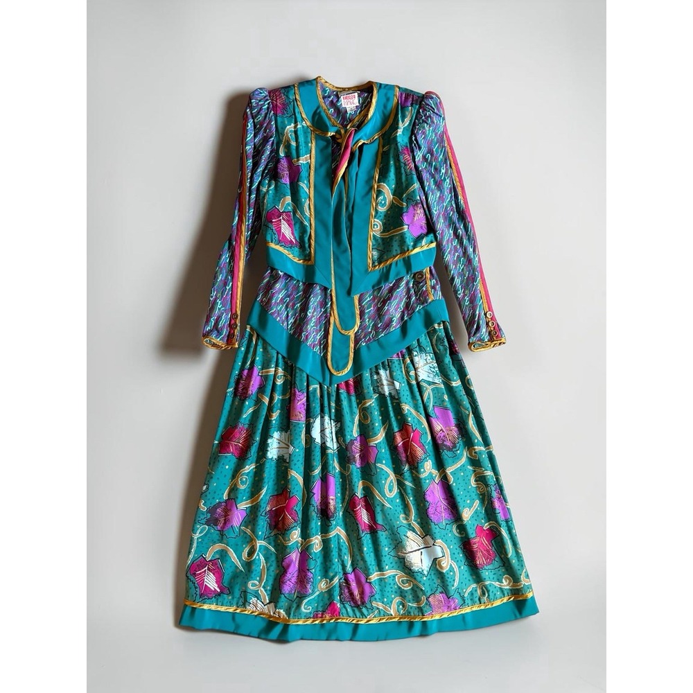 Vintage Jeanne Marc 80s Trompe L'Oeil Art to Wear Maxi Dress Petite 4/6 USA
